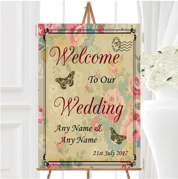 Floral Vintage Paris Shabby Chic Postcard Personalised Welcome Wedding Sign