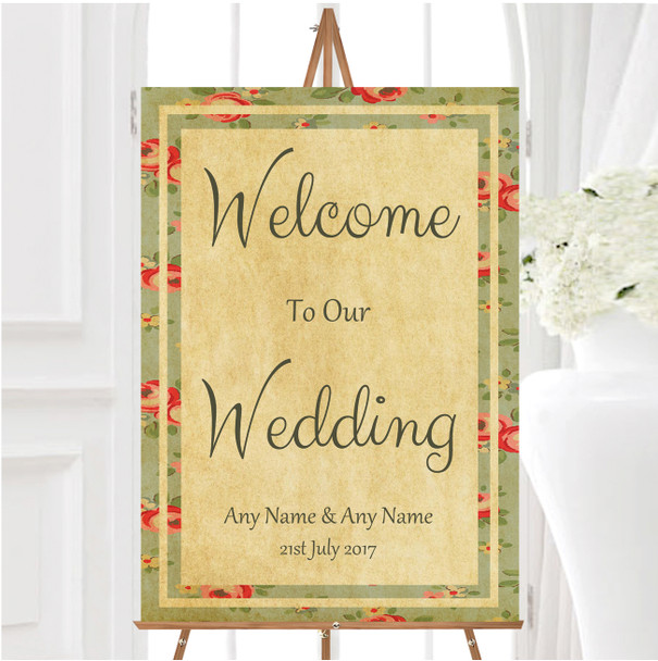 Vintage Shabby Chic Floral Postcard Style Personalised Welcome Wedding Sign