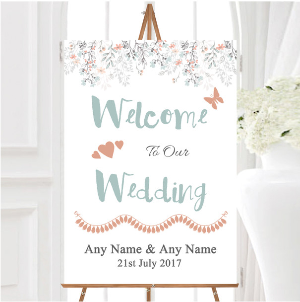 Coral Blue Autumn Watercolour Personalised Any Wording Welcome Wedding Sign