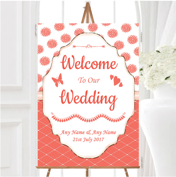 Coral And White Flowers Quilt Personalised Any Wording Welcome Wedding Sign