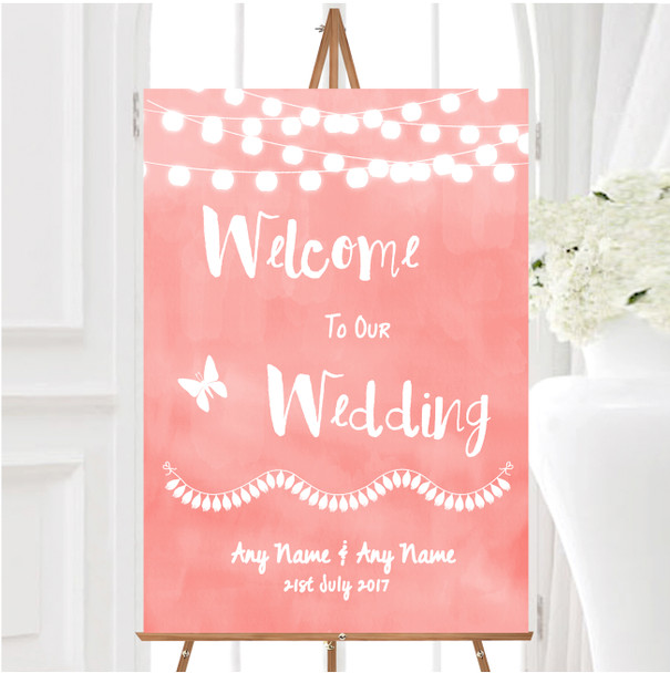 Coral Pink Lights Watercolour Personalised Any Wording Welcome Wedding Sign