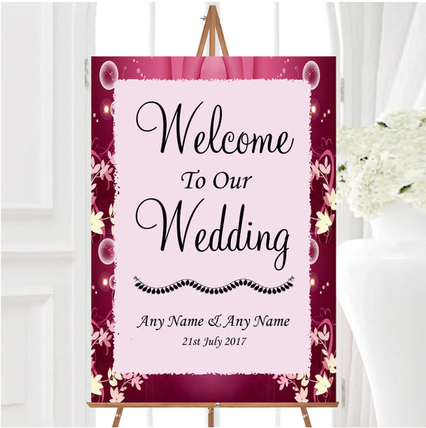 Purple Pink Heart And Flowers Personalised Any Wording Welcome Wedding Sign