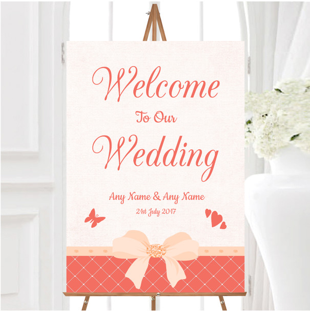 Quilted Look Coral Bow Personalised Any Wording Welcome To Our Wedding Sign