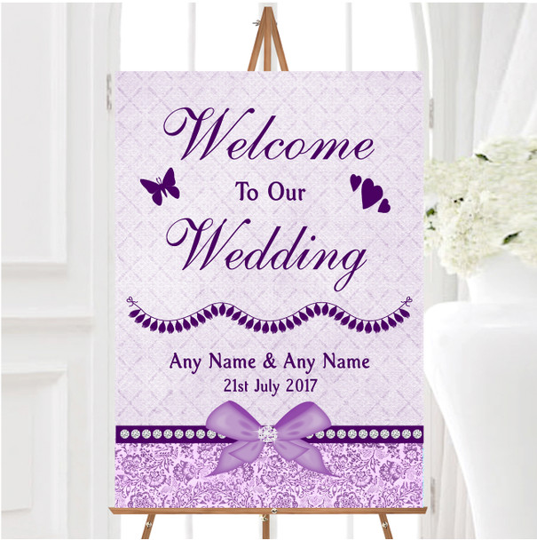 Pretty Floral Vintage Bow Diamante Lilac Personalised Welcome Wedding Sign