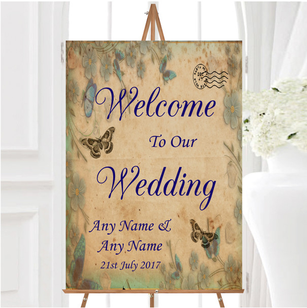 Blue Floral Vintage Shabby Chic Postcard Personalised Welcome Wedding Sign