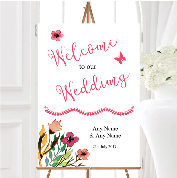 Handwriting Font Watercolour Floral Pink Personalised Welcome Wedding Sign