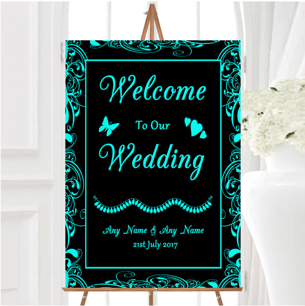 Black Aqua Swirl Deco Personalised Any Wording Welcome To Our Wedding Sign