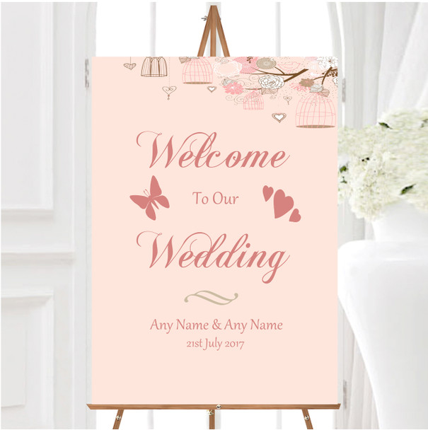 Coral Peach Vintage Birdcage Personalised Any Wording Welcome Wedding Sign