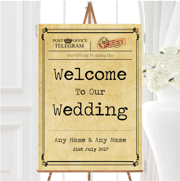 Vintage Telegram Typewritten Personalised Any Wording Welcome Wedding Sign