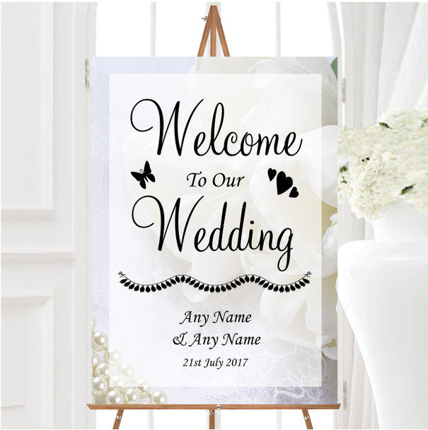 White Rose And Romantic Lace Personalised Any Wording Welcome Wedding Sign