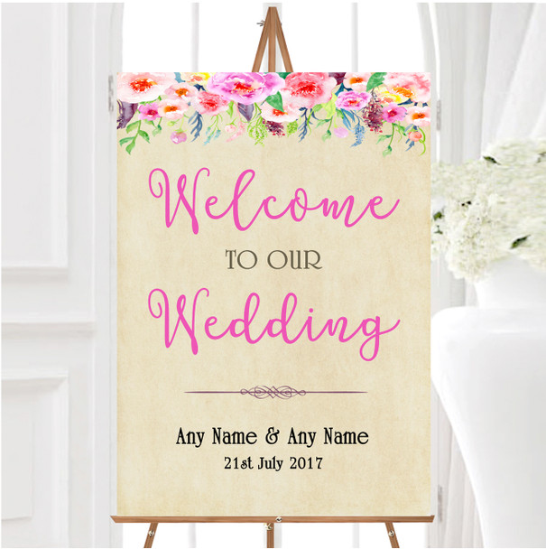 Vintage Pink Spring Flowers Watercolour Personalised Welcome Wedding Sign