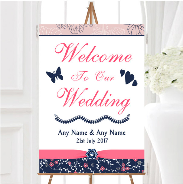 Navy Blue Coral Pink Floral Personalised Any Wording Welcome Wedding Sign