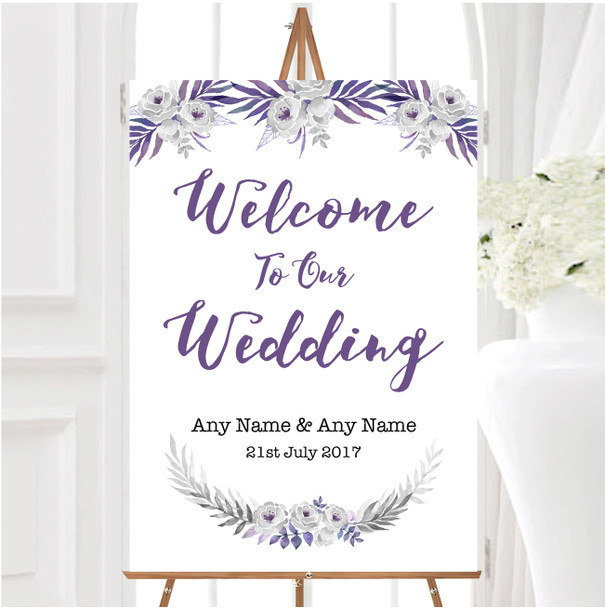 Purple Silver Subtle Floral Personalised Any Wording Welcome Wedding Sign