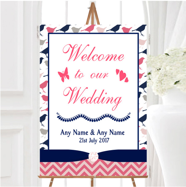 Coral Pink Navy Blue Shabby Chic Birds Personalised Welcome Wedding Sign