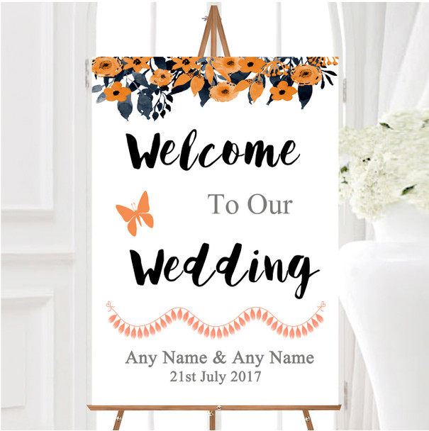 Watercolour Black Orange Floral Header Personalised Welcome Wedding Sign