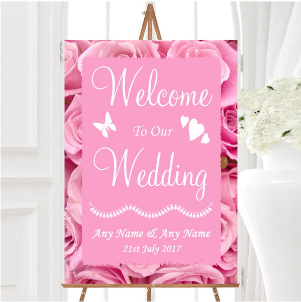 Pretty Pink Roses Personalised Any Wording Welcome To Our Wedding Sign