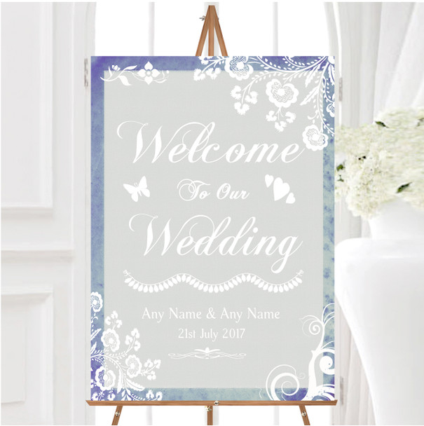 Rustic Blue Lace Personalised Any Wording Welcome To Our Wedding Sign