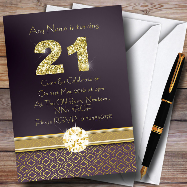 Purple Satin And Gold 21St Customised Birthday Party Invitations