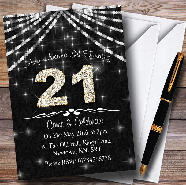 21St Charcoal Grey & White Bling Sparkle Birthday Party Customised Invitations