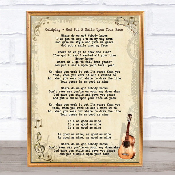 Coldplay God Put A Smile Upon Your Face Song Lyric Vintage Quote Print
