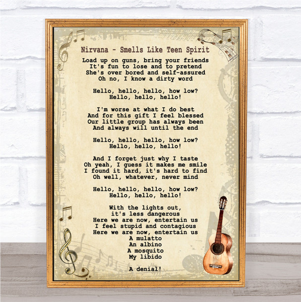 Nirvana Smells Like Teen Spirit Song Lyric Vintage Quote Print