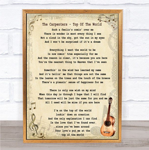 The Carpenters Top Of The World Song Lyric Vintage Quote Print