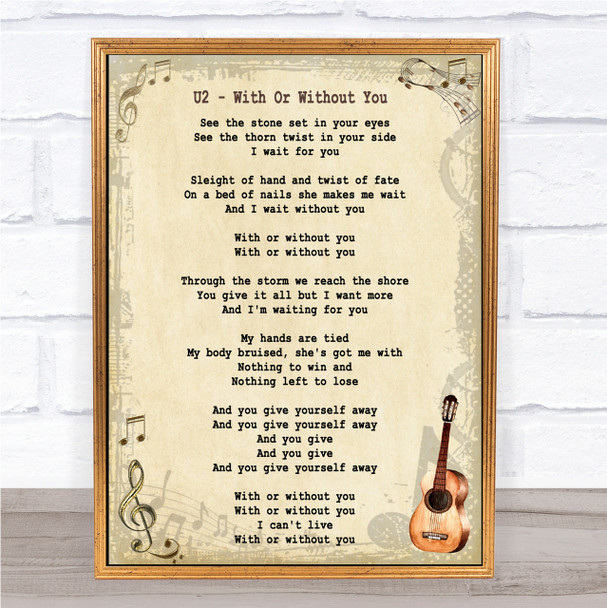 U2 With Or Without You Song Lyric Vintage Quote Print