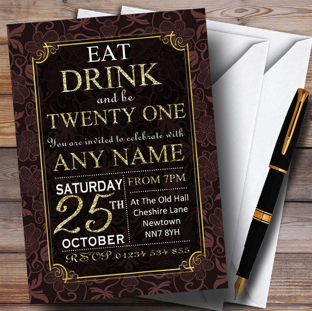 Brown & Gold Flowers 21st Customised Birthday Party Invitations