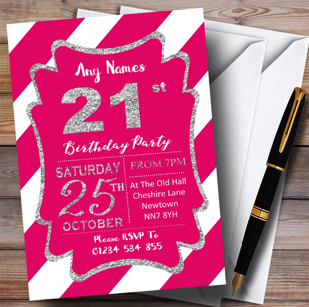 Pink White Diagonal Stripes Silver 21st Customised Birthday Party Invitations