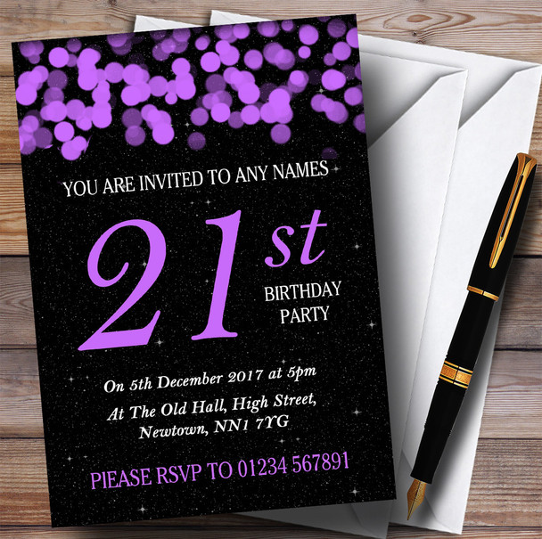 Purple Bokeh & Stars 21st Customised Birthday Party Invitations