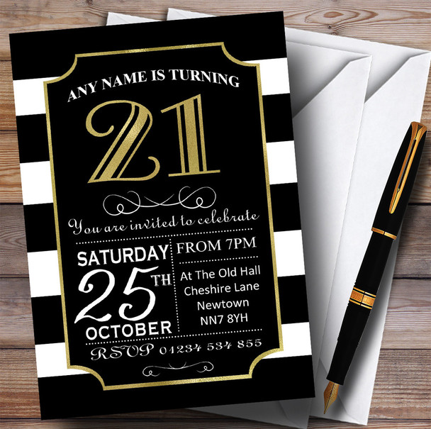 Black & White Stripy Gold 21st Customised Birthday Party Invitations