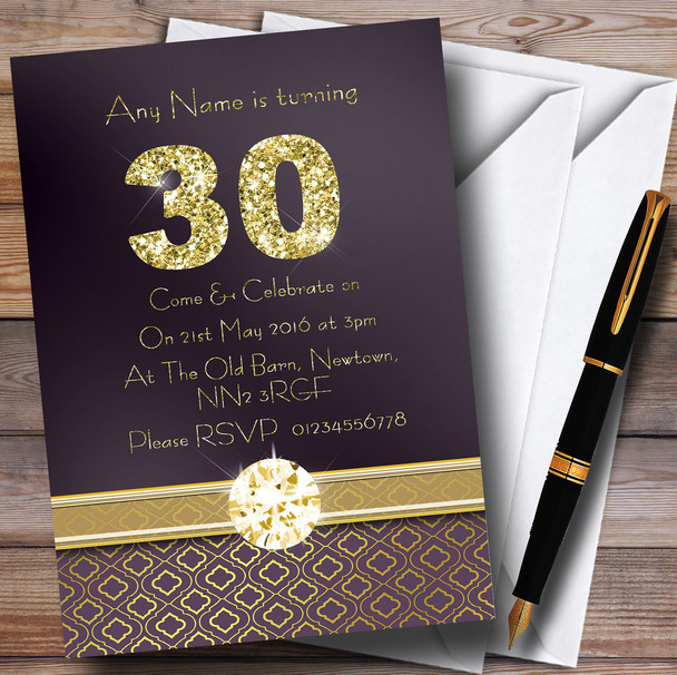 Purple Satin And Gold 30Th Customised Birthday Party Invitations