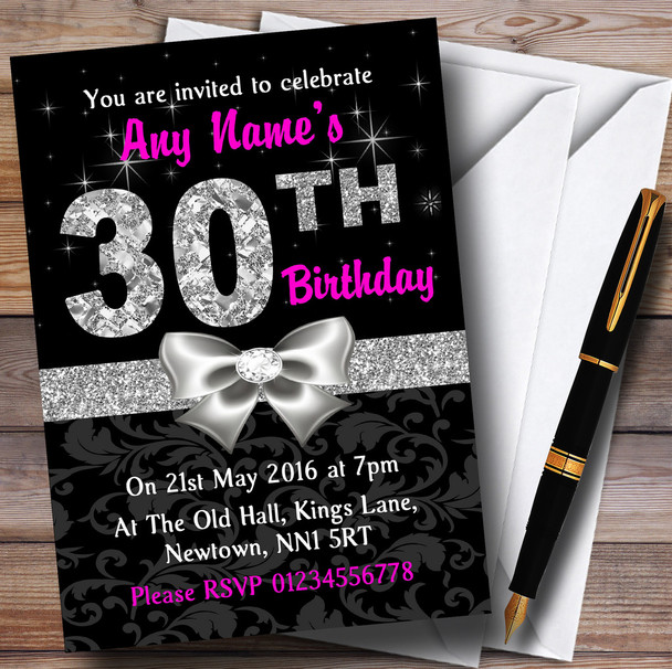 Pink Black Silver Diamond 30Th Birthday Party Customised Invitations