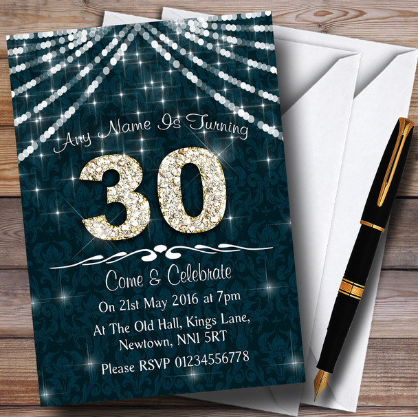 30Th Turquoise & White Bling Sparkle Birthday Party Customised Invitations