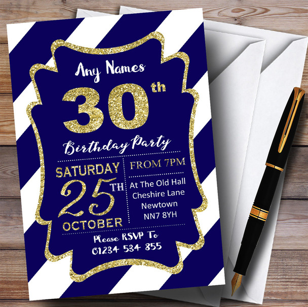 Blue White Diagonal Stripes Gold 30th Customised Birthday Party Invitations