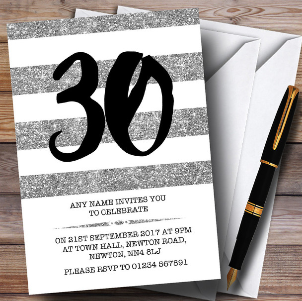 Glitter Silver & White Striped 30th Customised Birthday Party Invitations