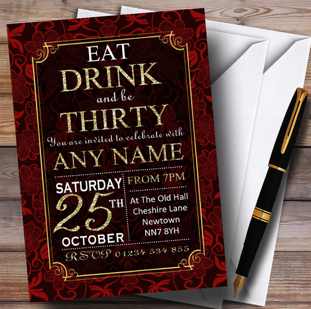 Red & Gold Flowers 30th Customised Birthday Party Invitations