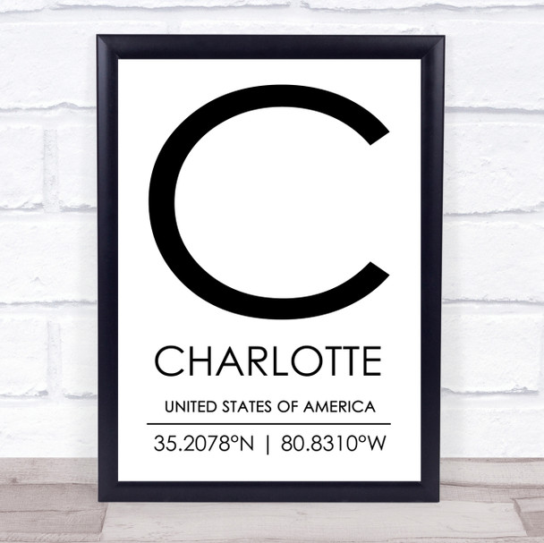 Charlotte United States Of America Coordinates Travel Quote Print