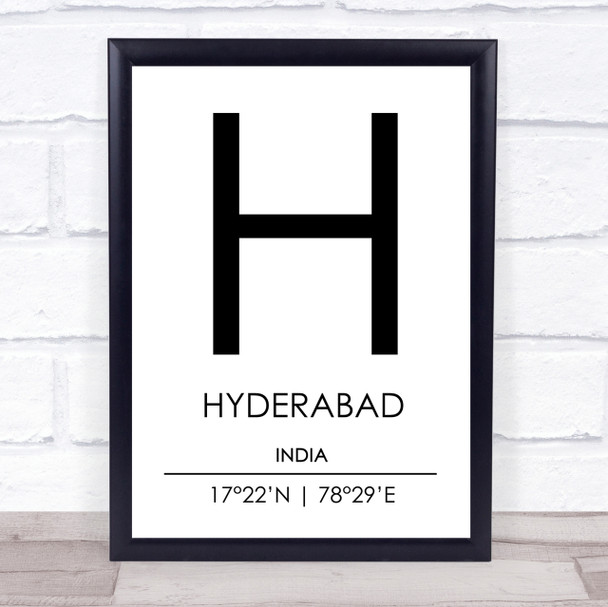 Hyderabad India Coordinates World City Travel Print