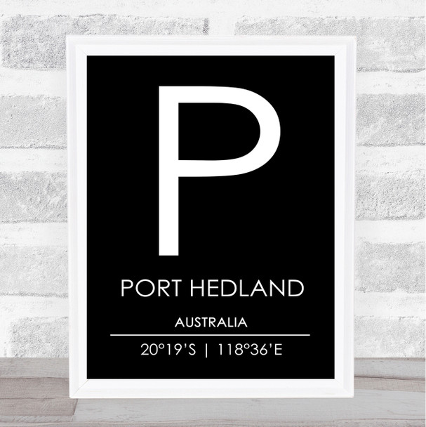 Port Hedland Australia Coordinates Black & White Travel Print
