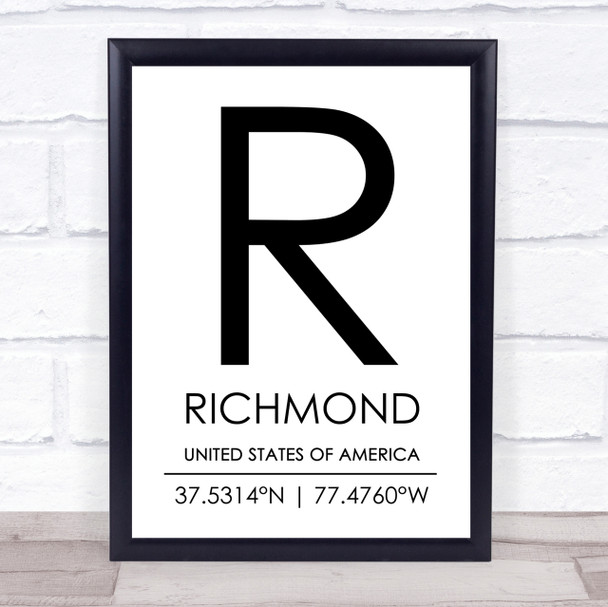 Richmond United States Of America Coordinates Travel Quote Print