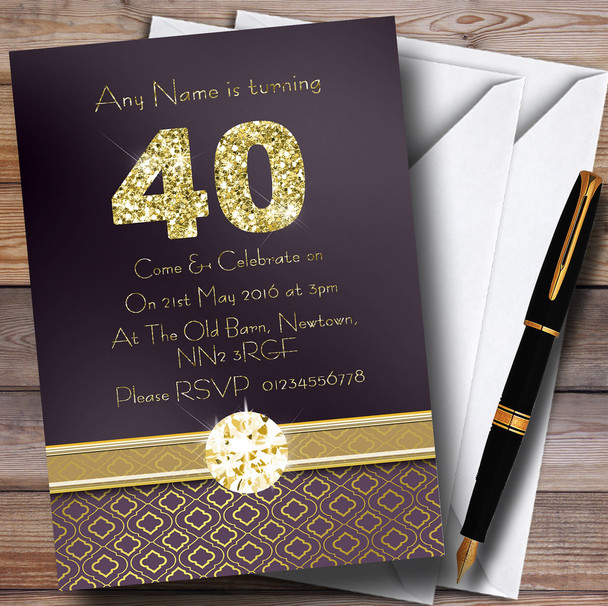 Purple Satin And Gold 40Th Customised Birthday Party Invitations