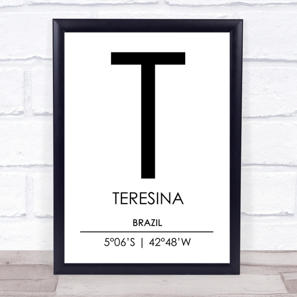 Teresina Brazil Coordinates World City Travel Print