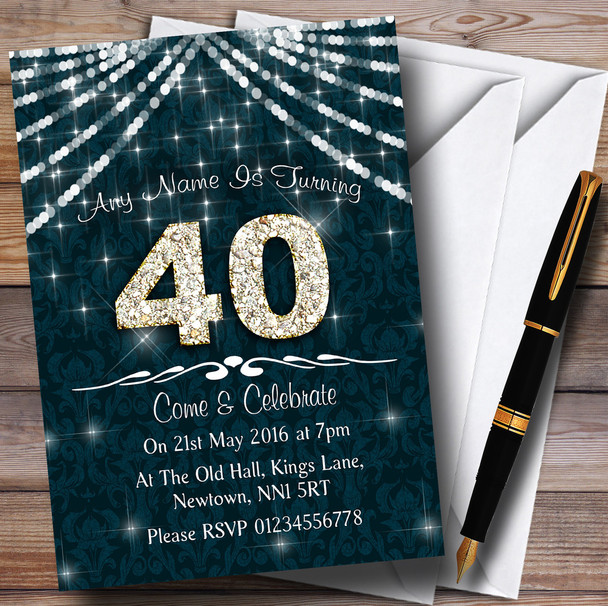 40Th Turquoise & White Bling Sparkle Birthday Party Customised Invitations