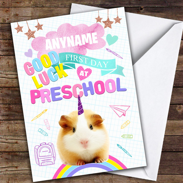 Cute Unicorn Hamster First Day At Preschool Customised Good Luck Card