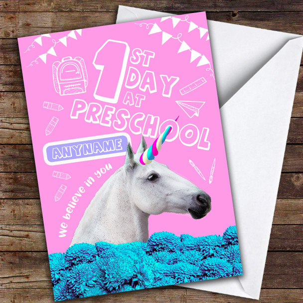 Crazy Horse Unicorn First Day At Preschool Customised Good Luck Card
