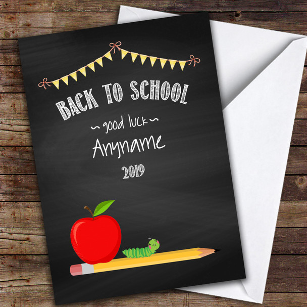 Chalk Apple & Caterpillar Starting School Customised Good Luck Card