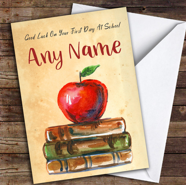 Vintage Apple & Books First Day At School Customised Good Luck Card