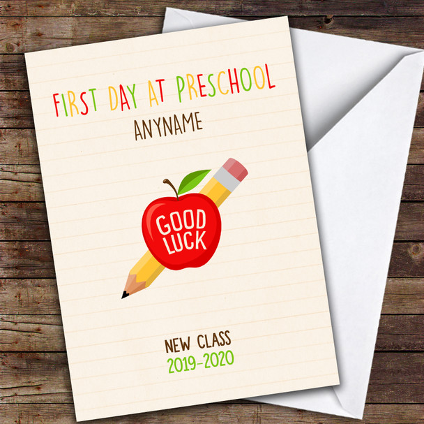 Apple Pencil Good First Day Of Preschool Customised Good Luck Card