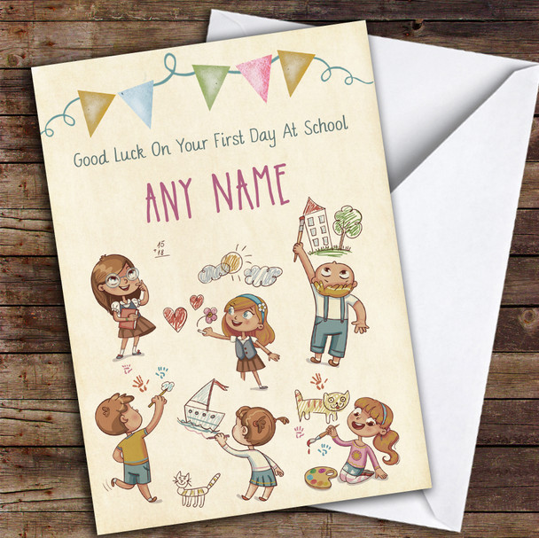 Watercolour Vintage First Day At School Customised Good Luck Card